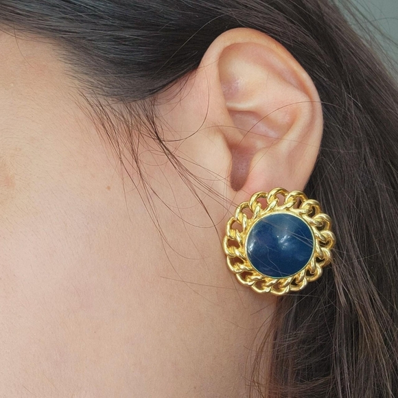 Vintage Monet Oversized Black Enamel Gold Stud Earrings - Picture 5 of 8